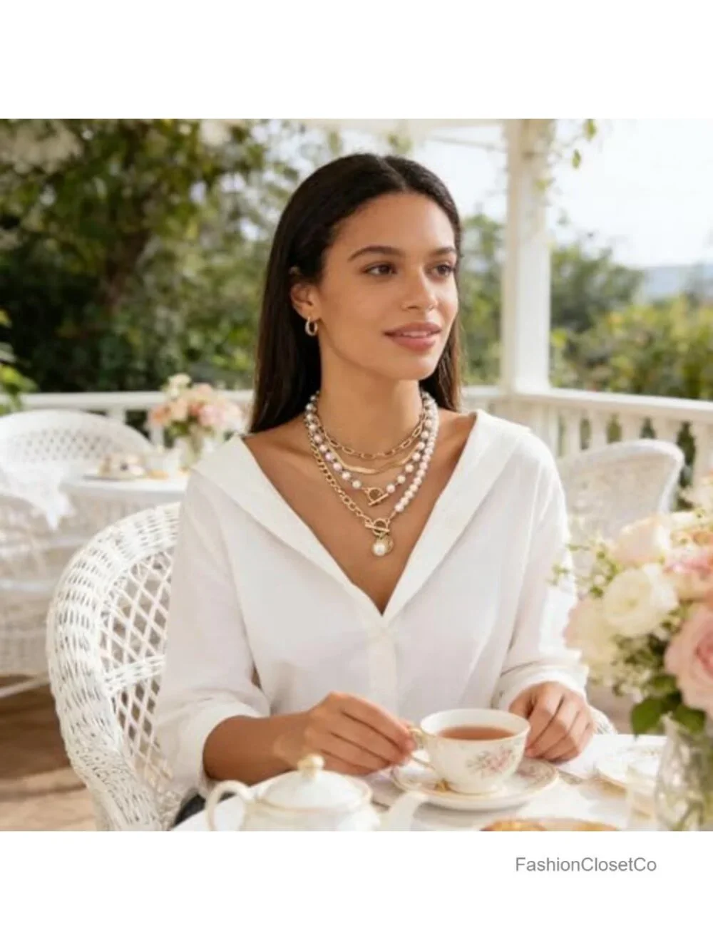 Layered Chunky Gold Necklace Set Paperclip Pearl Herringbone Women Jewelry Gift